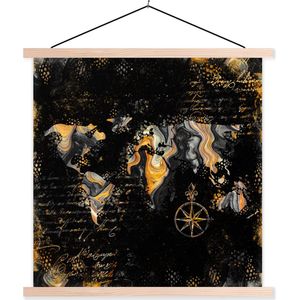 Wanddecoratie - Wereldkaart - Verf - Goud - Kompas - Schoolplaat - 120x120 cm - Textielposter - Textiel poster