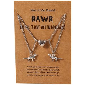 BFF Ketting voor 2 met Tyrannosaurus Rex en Magneet Hartje Zilverkleurig - Dinosaurus Vriendschapsketting met Cadeau kaartje - Pax Amare