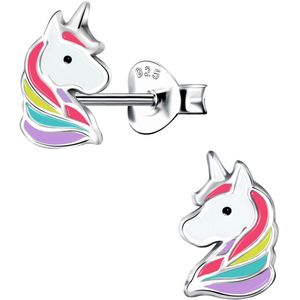 Joy|S - Zilveren multicolor eenhoorn oorbellen - unicorn oorknoppen - rhodium/ gehodineerd