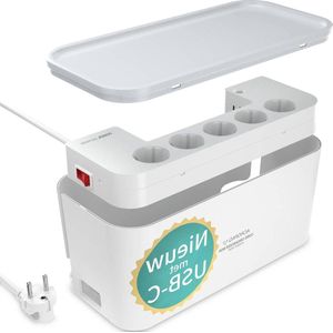 ACROPAQ ACM006 stekkerdoos snellaadfunctie USB C Stopcontacten 2500W schakelaar 30 x 14 x 14 cm 2m kabel kabelorganisator 5 stopcontacten 3 USB-laders Wit