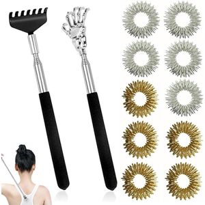 Allecto Plus - Telescopische rugkrabber en vinger massager set | Handige roestvrijstalen rugkrabber met 2 delen en 10 vinger massagers