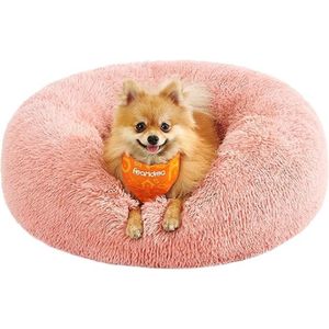 Fluffy hondenmand, kattenmand, donutkussen, wasbaar, verwijderbare middenvulling, lang pluche, 60 cm diameter, roze PGW038P01