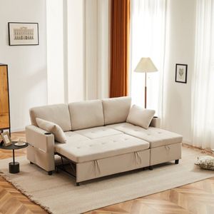 Slaapbank met slaapfunctie, L-vormige bank, modern design gestoffeerd meubilair, bank chaise longue met opbergruimte, met tas bekerhouder, woonkamer slaapbank, links en rechts verwisselbare chaise longue