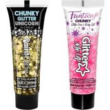 Toppers - Paintglow Chunky Glittergel voor lichaam en gezicht - 2 tubes - goud en lichtroze - 12 ml