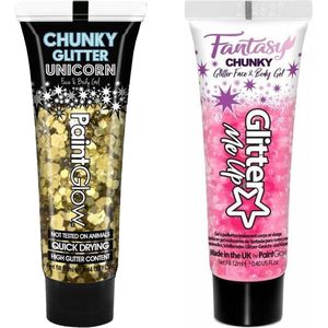 Toppers - Paintglow Chunky Glittergel voor lichaam en gezicht - 2 tubes - goud en lichtroze - 12 ml