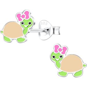 Joy|S - Zilveren schildpad oorbellen - met roze strikje - 9 x 8 mm