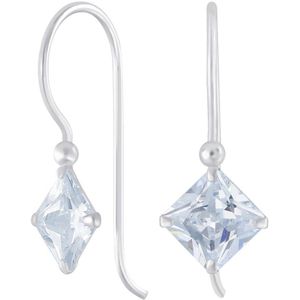 Joy|S - Zilveren square classic ruit oorhangers - wit zirkonia - oorbellen