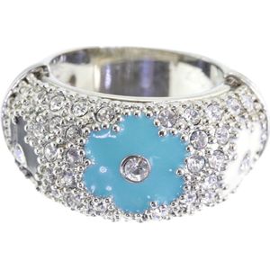 Behave - Ring - Zilverkleurige statement ring met blauwe, zwarte en witte bloemen en kristallen – Y2K glamour & vintage chic