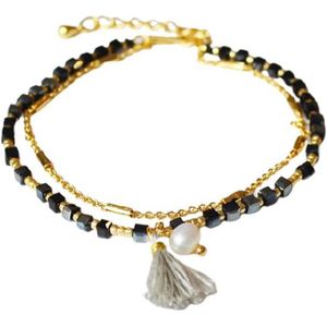 Armbanden set (2 lagen) - Zwart Goud Parel Flosje - Dames - Lieve Jewels