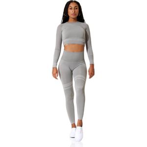 Dames sportkleding - Sportset - Luchtdoorlatend - Sportlegging - Croptop - Grijs Melange - Maat L