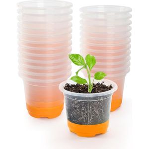 Kweekpotten, 24 stuks, 10 cm, transparante plantenpotten met siliconen sokkel, herbruikbare bloempotten van kunststof, voor planten, bloemen, groenten, oranje