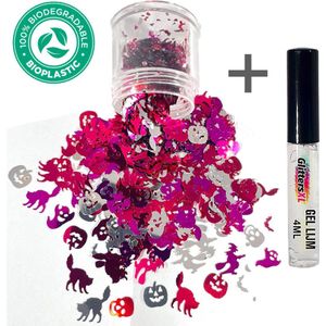 Halloween Chunky Glitters (Figuurtjes Roze/Paars) (Volume 8g) + Glitter Huid Lijm [Halloween kostuum masker outfit versiering - Volwassenen Kinderen - Glitter gezicht lichaam - lichaamswond schotwond heks draak zombie wond mes pistool]