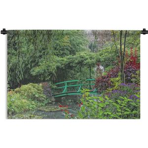 Wandkleed Monet's tuin - Groene brug met klein meer in de Franse tuin van Monet in Giverny Wandkleed katoen 150x100 cm - Wandtapijt met foto