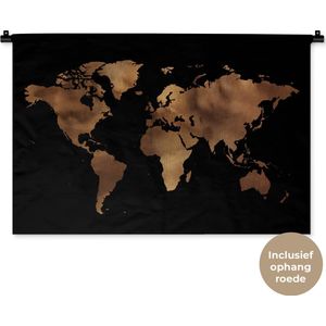 Wandkleed WereldkaartenKerst illustraties - Bronskleurige wereldkaart met structuurpatroon op zwarte achtergrond Wandkleed katoen 90x60 cm - Wandtapijt met foto
