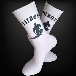 Fitness Sokken - Fit Boy - Sportsokken - Sportschool - leuke sokken - vrolijke sokken - witte sokken - valentijns cadeau - sokken met tekst - Verjaardags cadeau - grappige sokken - Socks waar je Happy van wordt - maat 37-44