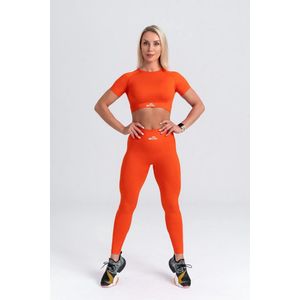 Mives® Sportlegging en Top - Yoga - Fitness set - Scrunch Butt - Dames Legging - Sportkleding - Fashion legging - Broeken - Gym Sports - Legging Fitness Wear - High Waist - ORANJE- maat S - KORTE MOUWEN
