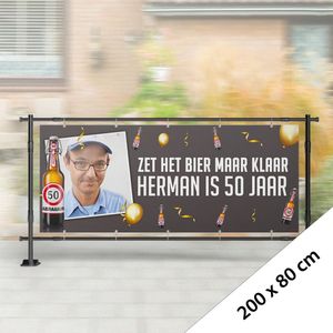 Spandoek Abraham Bierfles 200 x 80 cm (Met eigen naam en foto)