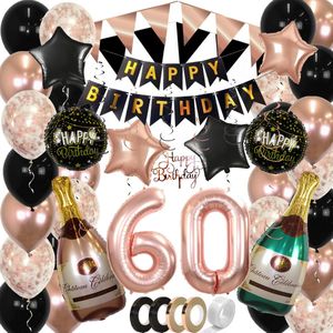 60 Jaar Feest Verjaardag Versiering Confetti Helium Ballonnen Slingers Happy Birthday Rose Goud & Zwart XL SET – 60 Stuks