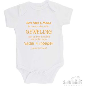 100% katoenen Romper ""Lieve papa & mama ik hoorde dat jullie geweldig zijn en ben heel blij dat jullie mijn vader & moeder gaan worden!"" Unisex Katoen Wit/mosterd Maat 56/62