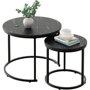 Ronde salontafel - set van 2 - woonkamertafel - salontafel van hout - bijzettafelset - banktafel voor woonkamer - slaapkamer - kantoor - balkon - zwart metalen frame en zwart marmer tafelblad
