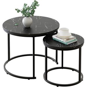 Retadou - Ronde salontafel, set van 2, woonkamertafel, salontafel van hout, bijzettafelset, banktafel voor woonkamer, slaapkamer, kantoor, balkon, zwart metalen frame en zwart marmer tafelblad