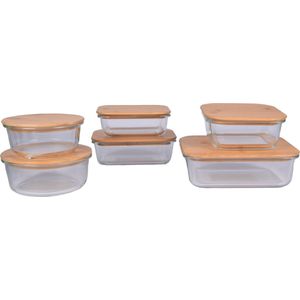 Set van 6 Glazen Vershoudbakjes met Deksels-sIdeaal voor Lunch en Voedselopslags-sBorosilicaatglas en Bamboo