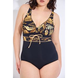 Corrigerend Badpak Dames- Plus Size Badpak Badmode Bikini Strandkleding Zwemkleding VC2301- Zwart geel- Maat 46