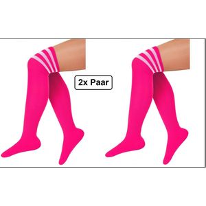 2x Paar Lange sokken fluor roze met witte strepen - maat 36-41 - kniekousen overknee kousen sportsokken cheerleader carnaval voetbal hockey unisex festival