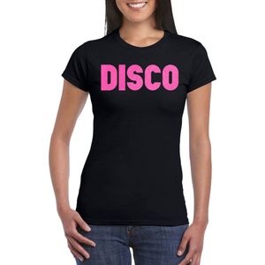 Bellatio Decorations Verkleed T-shirt dames - disco - zwart - roze glitter - jaren 70/80 - carnaval L