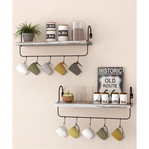 Houten wandrek, koffiebar, keukenrek, zwevende planken, set van 2, wandplank met handdoekhouder, haken, rustiek vintage, industrieel design, decoratieve hangrekken voor badkamer en woonkamer,