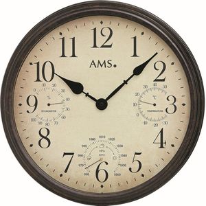 AMS W9463 - Wandklok - Analoog - Temperatuur - Vochtigheid - Luchtdruk - Metaal - Mineraal glas - Bruin