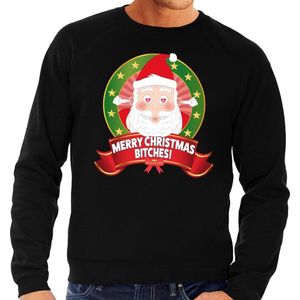 Foute kersttrui / sweater - zwart - Kerstman met hartjes ogen Merry Christmas Bitches heren S