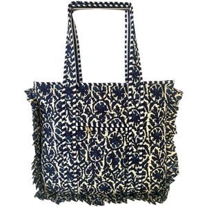 Shoppingbag / Strandtas Kantha met Franje Mistery Blue 37x48 cm