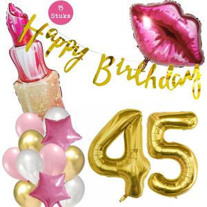 Snoes Beauty Helium Ballonnen Set 45 Jaar - Roze Folieballonnen - Slinger Happy Birthday Goud