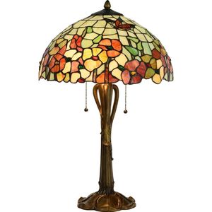 LumiLamp Tiffany Tafellamp Ø 40x63 cm Beige Rood Glas Bloemen Tiffany Bureaulamp
