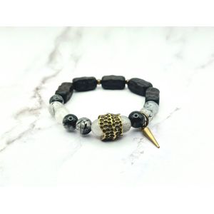 Mei's | Tibetan Black Magic | armband dames / Tibetaans sieraad | edelsteen / Rutielkwarts / hout / ebbenhout / koper | polsmaat 17,5 cm / zwart / goud