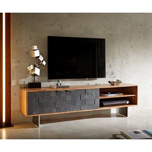 TV-meubel Teele acacia natuurleisteen 160 cm 2 deurs poot zwevend roestvrij staal