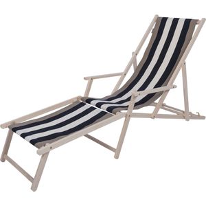 Kleurmeester.nl - Strandstoel met voetsteun Carthage - Opklapbaar - Beukenhout - Canvas stof | Zwart Taupe Creme Gestreept