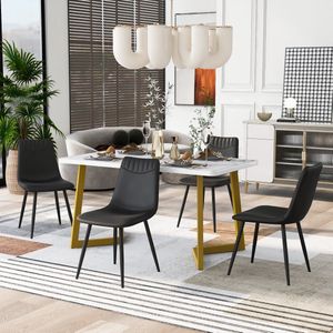 Sweiko Eettafel en stoel set (1+4), Gouden voet eettafel met 4 Zwarte PU eetkamerstoelen, moderne eettafel en stoel set, marmer patroon eettafel, klassieke en elegante stoelen