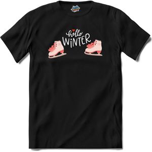 Hello Winter Pink | Schaatsen - Winter - Ice Skating - T-Shirt - Unisex - Zwart - Maat XXL