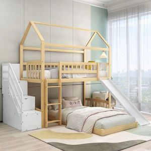 Kinderbed Stapelbed met Trap en Glijbaan voor Kinderen - 90 x 200 cm Hoogslaper met Valbeveiliging en Opbergruimte