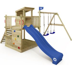 WICKEY speeltoestel klimtoestel Smart Cabin met schommel & blauwe glijbaan, outdoor klimtoren voor kinderen met zandbak, ladder & speelaccessoires voor de tuin