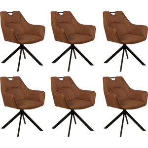 Colenis® - Lucas Eetkamerstoel - Set van 6 Stoelen - Cognac - Microfiber Bekleding - Gestoffeerde Zitting - Metalen Poten