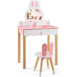 COSTWAY Make-uptafel voor kinderen, met kruk, prinsessen-make-uptafel, kaptafel met spiegel, laden en opbergdoos, make-uptafel, kaptafel voor meisjes en kinderen (roze)