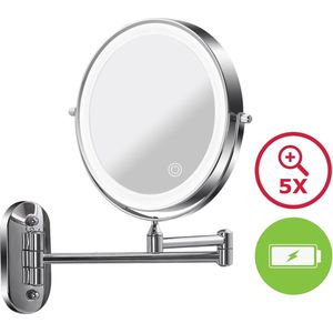 Badkamer Make Up Spiegel Rond 5x Vergroting - Ingebouwde Batterij - LED Verlichting - Badkamerspiegel Muurbevestiging - Douche - Zilver