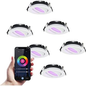 6x Hoftronic Smart - Rome smart inbouwspot - LED - Zaagmaat 75mm - Wit - Besturing via app - WiFi - Bluetooth - Dimbaar - Kantelbaar - 6 Watt - 480 lumen - 230V - 2700-6000K - RGBWW - Plafondspots - Inbouwspot badkamer en buiten - 5 jaar garantie