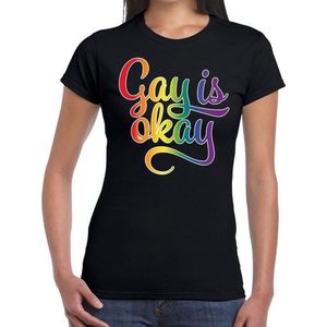 Gay is okay gay pride t-shirt zwart met regenboog tekst voor dames -  Gay pride/LGBT kleding XL