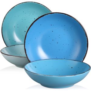 HandyHaven® - Borden set 4 - Kleurenmix - 2 Type blauw - Keramische borden - Porselein - Kom - Blauw - Azuurblauw - Licht blauw - Ijsblauw - Pasta - Soep - Salade - Diner - Ontbijt - Lunch -Diameter 20.3CM - Hoogte/Diepte 5.2CM - Japans - Boho