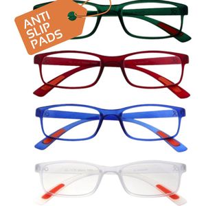 Amazotti Milano Leesbrillen +1.00 – Leesbril met sterkte – Dames en Heren – Kunststof – Groen, Rood, Blauw, Transparant – Set van 4
