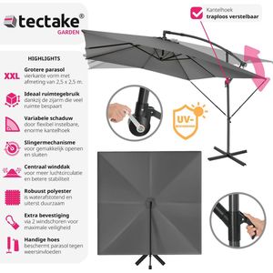 tectake® - Parasol Apollon lichtgrijs 250 x 250 cm, inclusief windbeveiliging en beschermhoes - 405026